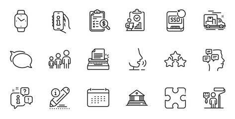 Outline set of Talk bubble, Calendar and Puzzle line icons for web application. Talk, information, delivery truck outline icon. Include Court building, Edit, Messages icons. Vector