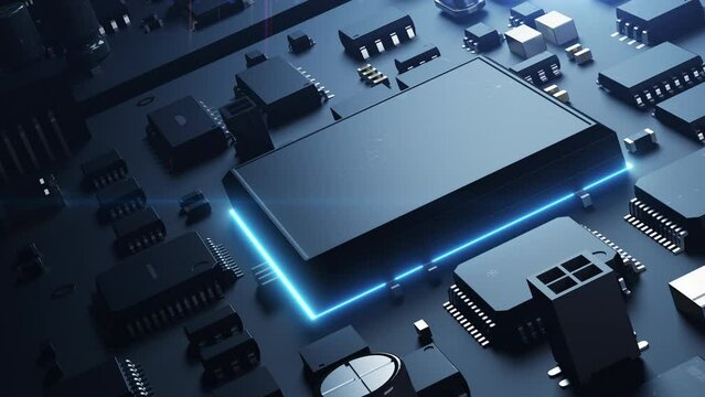 A robotic arm on a conveyor belt inserts a CPU onto a printed circuit board. Animation on the theme of microelectronics production, video has a loop