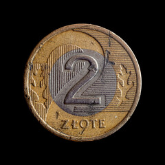 Closeup of a heavily worn coin. 2 Polish Zloty.