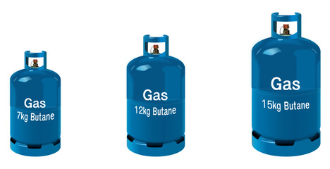 Camping gas butane tanks with different capacity, 3d vector rendering
