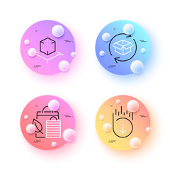 Bio shopping, Return parcel and Augmented reality minimal line icons. 3d spheres or balls buttons. Scroll down icons. For web, application, printing. Leaf, Exchange of goods, Virtual reality. Vector