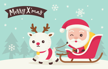 Merry xmas santa claus ride reindeer sledge
