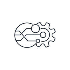 Electronic processor in the mechanism. Vector linear icon isolated on white background.