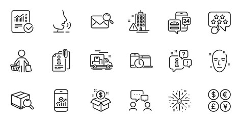 Outline set of Building warning, Health skin and Ranking star line icons for web application. Talk, information, delivery truck outline icon. Vector