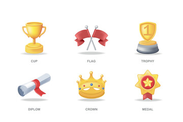 Award trophies 3D icons set in modern design. Pack isolated elements