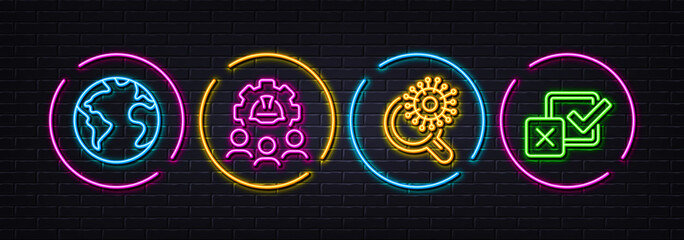 Coronavirus research, World planet and Engineering team minimal line icons. Neon laser 3d lights. Checkbox icons. For web, application, printing. Virus test, Internet business, Engineer person. Vector