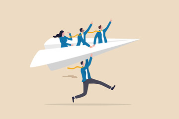 Mentor or support employee to success, manager to help or advice staff to reach goal, work coaching or adviser expert concept, businessman manager launching paper plane origami with team colleagues. - obrazy, fototapety, plakaty