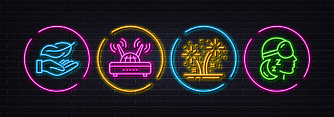 Fireworks, Wifi and Lightweight minimal line icons. Neon laser 3d lights. Insomnia icons. For web, application, printing. Pyrotechnic salute, Internet router, Feather nib. Sleeping goggles. Vector