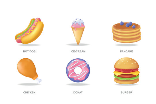 Fast food 3D icons set in modern design. Pack isolated elements