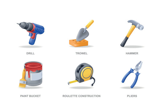 Repair tools 3D icons set in modern design. Pack isolated elements