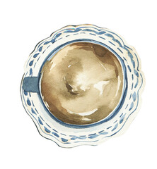 Watercolor blue cup clipart. Coffee illustration.