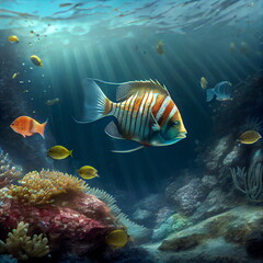 Naklejka na ściany i meble colorful underwater world background coral reef and fish digital art
