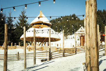 Park in mountains with alcoves in winter season
