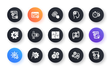 Engineering icons. Puzzle, Dividers tool and Architect plan. Engineer classic icon set. Circle web buttons. Vector
