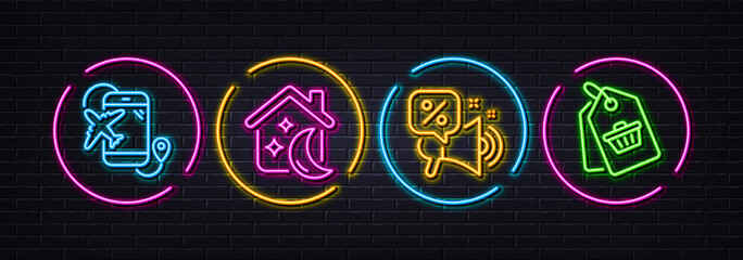 Discounts offer, Flight destination and Sleep minimal line icons. Neon laser 3d lights. Sale tag icons. For web, application, printing. Megaphone promo, Airplane trip, Sleeping house. Vector