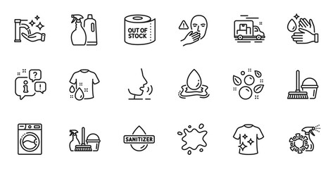 Outline set of Toilet paper, Clean bubbles and Wash t-shirt line icons for web application. Talk, information, delivery truck outline icon. Vector