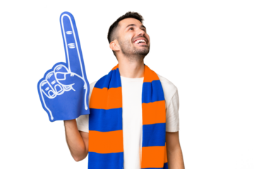 Young caucasian sports fan man over isolated chroma key background laughing