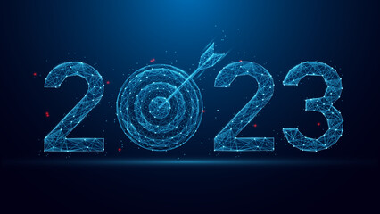 business target and goal on the New year 2023 concept with glowing low polygonal digits. arrow on the darts board in Low poly style. Abstract geometric background. Wireframe light structure.