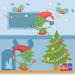 Obraz na płótnie Canvas Christmas goblins put presents under the Christmas tree near the fireplace