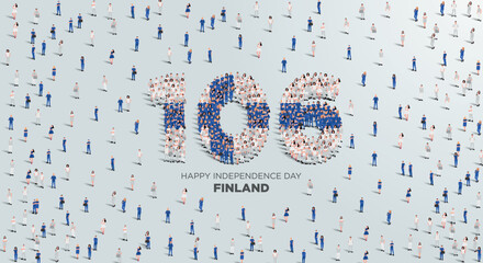 Happy Independence Day Finland Design. A large group of people form to create the number 106 as Finland celebrates its 106th Independence Day on the 6th of December.