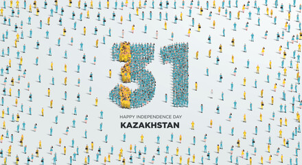 Happy Independence Day Kazakhstan Design. A large group of people forms to create the number 31 as Kazakhstan celebrates its 31st Independence Day on the 16th of December.