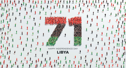 Happy Independence Day Libya Design. A large group of people form to create the number 71 as Libya celebrates its 71st Independence Day on the 24th of December.