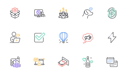 Online shopping, Love champagne and Video conference line icons for website, printing. Collection of Checkbox, Pets care, Treasure map icons. Salary employees, Vip access. Vector