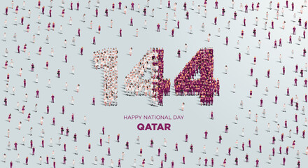 Happy National Day Qatar Design. A large group of people forms to create the number 144 as Qatar celebrates its 144th National Day on the 18th of December.