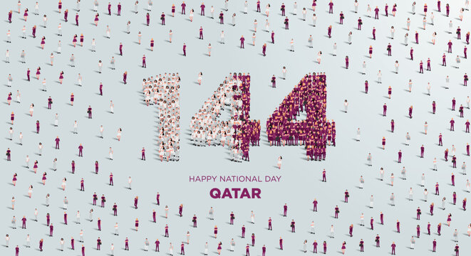 Happy National Day Qatar Design. A large group of people forms to create the number 144 as Qatar celebrates its 144th National Day on the 18th of December.
