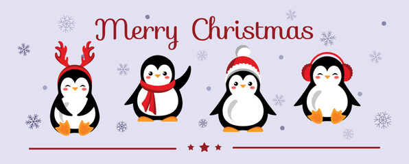 Cute penguins in winter attributes. Merry Christmas and Happy New Year. Happy holiday. Vector illustration