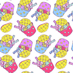 Seamless pattern with mango thai ice cream. Rolled ice cream with different sweets. Asian street food. Frozen fruits. Flat vector illustration.