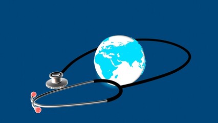 Stethoscope over the globe on blue background