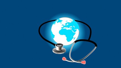 Stethoscope over the globe on blue background