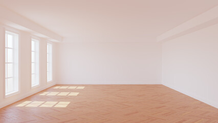 Empty Sunny Interior with White Plastered Walls, Three Large Windows, White Ceiling Cornice, Glossy Herringbone Parquet Floor and a White Plinth. 3D rendering with a Work Path on the Windows.