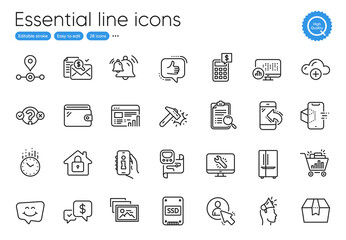 Payment received, Time and Quiz test line icons. Collection of Metro map, Brand ambassador, Web report icons. User, Package box, Report statistics web elements. Wallet, Ssd, Station. Vector