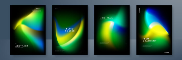 Blurred backgrounds set with modern abstract blurred yellow green orange gradient pattern on black background. Smooth templates for brochure, poster, banner, flyer and card. Vector illustration.