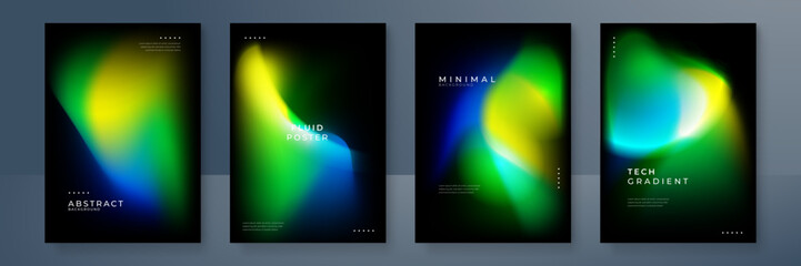 Blurred backgrounds set with modern abstract blurred yellow green orange gradient pattern on black background. Smooth templates for brochure, poster, banner, flyer and card. Vector illustration.