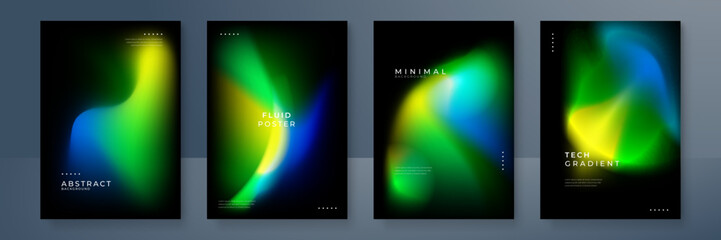 Blurred yellow green orange backgrounds set with modern abstract blurred aurora gradient pattern on black background. Smooth templates for brochure, poster, banner, flyer and card. Vector illustration