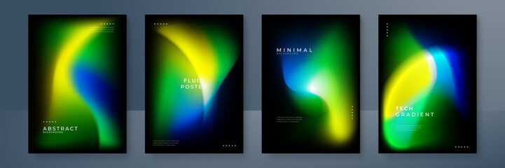 Blurred backgrounds set with modern abstract blurred yellow green orange gradient pattern on black background. Smooth templates for brochure, poster, banner, flyer and card. Vector illustration.