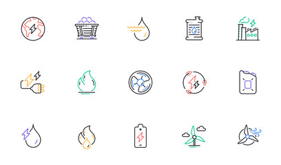 Energy types line icons. Coal Trolley and Hydroelectric Power icons. Sustainable Electricity, Battery Energy, Fuel canister. Windmill power, Coal mine and Hydroelectricity. Vector