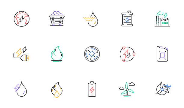 Energy types line icons. Coal Trolley and Hydroelectric Power icons. Sustainable Electricity, Battery Energy, Fuel canister. Windmill power, Coal mine and Hydroelectricity. Vector