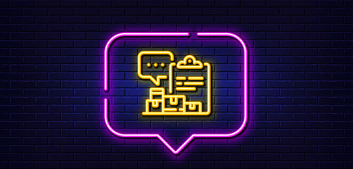 Neon light speech bubble. Inventory report line icon. Warehouse pallet sign. Wholesale goods symbol. Neon light background. Inventory report glow line. Brick wall banner. Vector
