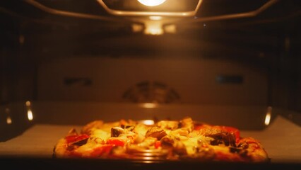 Close-up appetizing pizza or pie baking in modern electric oven, homemade food