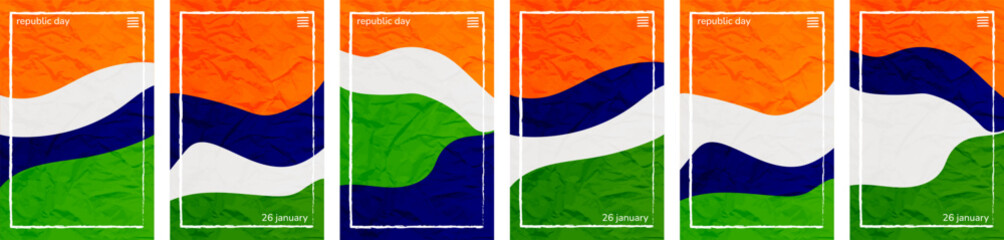 India Republic Day. 26 January Flag theme hues crushed paper vertical Background template frame. Set of 6 color collections. User interface backdrop Crush texture, pattern. Online app visual concept