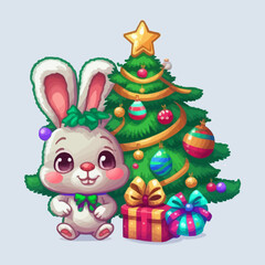 Cute Cartoon rabbit and Christmas tree