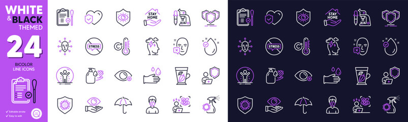Vitamin e, Mint leaves and Stop stress line icons for website, printing. Collection of Difficult stress, Rubber gloves, Recovered person icons. Coronavirus spray, Farsightedness. Vector