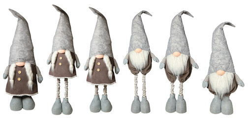 Christmas gnomes or elves in a brown sweater and a gray cap on a transparent background. A boy and a girl of different height..