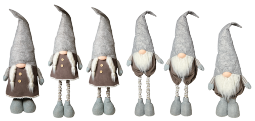 Christmas gnomes or elves in a brown sweater and a gray cap on a transparent background. A boy and a girl of different height..