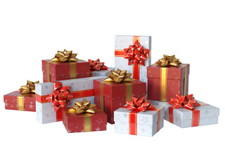 Gift boxes red and white, many presents 3d rendering