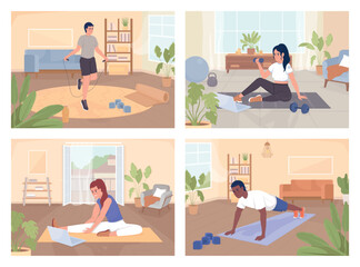 Fototapeta premium Sports exercising for healthy life flat color vector illustrations set. Athletic activity at home. Complex workout. Fully editable 2D simple cartoon characters pack with living rooms on background
